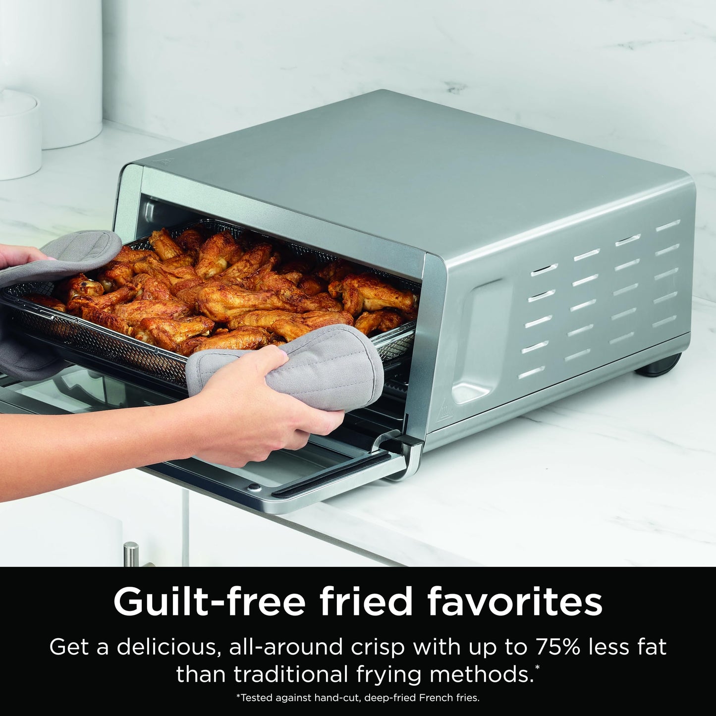 Ninja Flip Toaster Oven & Air Fryer, 8-in-1 Functionality, Flip Up for Storage Space, Large Capacity, Air Fry Basket, Wire Rack, Sheet Pan, Removable Crumb Tray, Stainless, 1800 Watts, SP151 (Renewed)