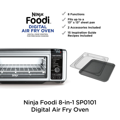 Ninja Digital Air Fry Countertop Oven, 8-in-1 Functionality, 1800W, Flip-Up Design, XL Capacity, Air Fry Basket, Wire Rack & Crumb Tray, Silver, SP101