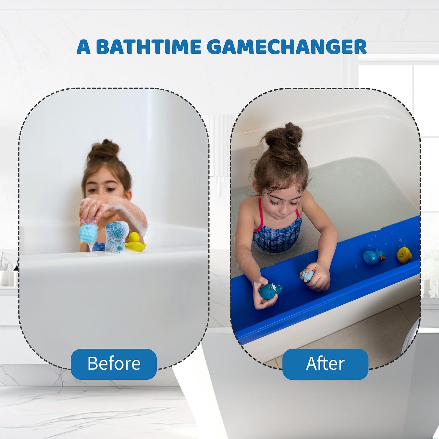 Tub Topper® Bathtub Splash Guard Play Shelf Area -Toy Tray Caddy Holder Storage - Suction Cups Attach to Bath Tub - No Mess Water Spill in Bathroom - Fun for Toddlers Kids Baby (Blue)