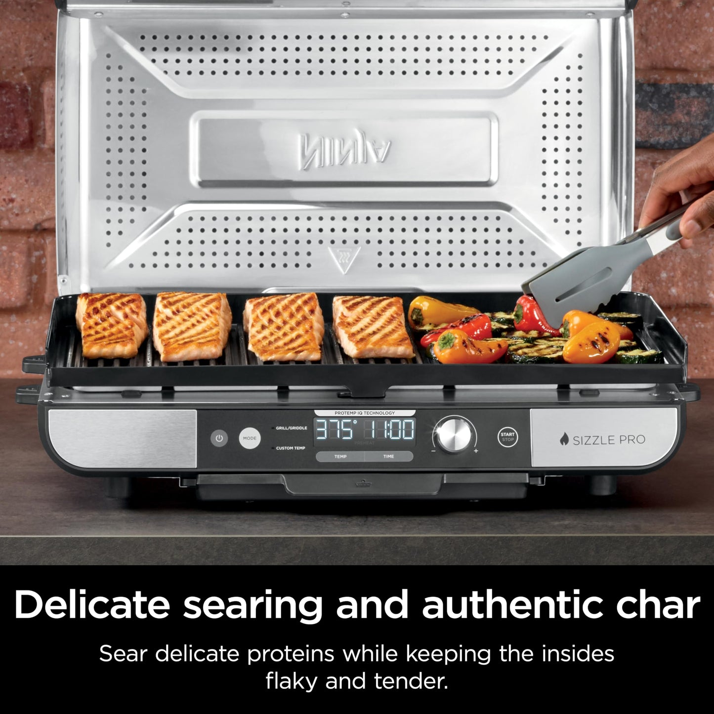 Ninja Sizzle Pro XL 20-Inch Indoor Griddle + Grill, Detachable Ventilated Lid, Grease Control, Ceramic Nonstick Plates, Even Edge-to-Edge Cooking, Extra Large Capacity, Versatile, Silver, GX101