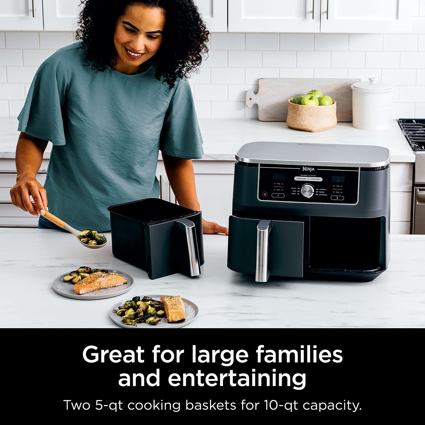 Ninja DZ401 Foodi 10 Quart 6-in-1 DualZone XL 2-Basket Air Fryer with 2 Independent Frying Baskets, Match Cook & Smart Finish to Roast, Broil, Dehydrate & More for Quick, Grey (Renewed)