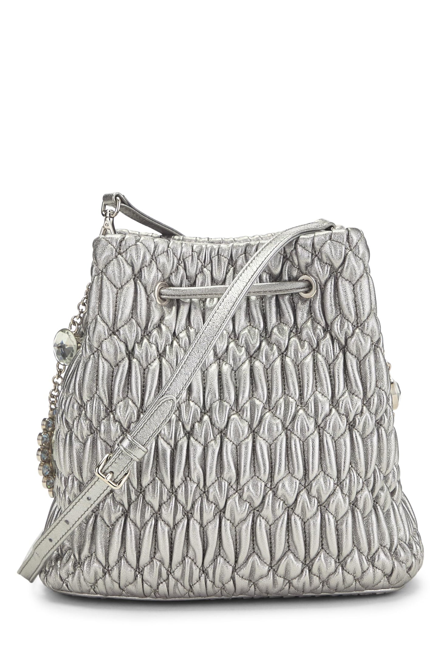 Miu Miu, Pre-Loved Silver Nappa Crystal Drawstring Bucket Bag, Silver