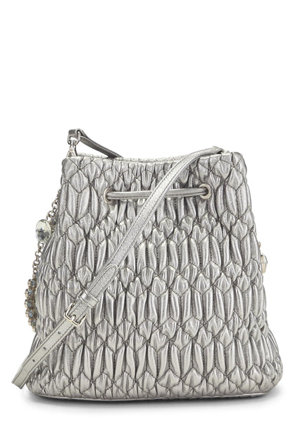 Miu Miu, Pre-Loved Silver Nappa Crystal Drawstring Bucket Bag, Silver
