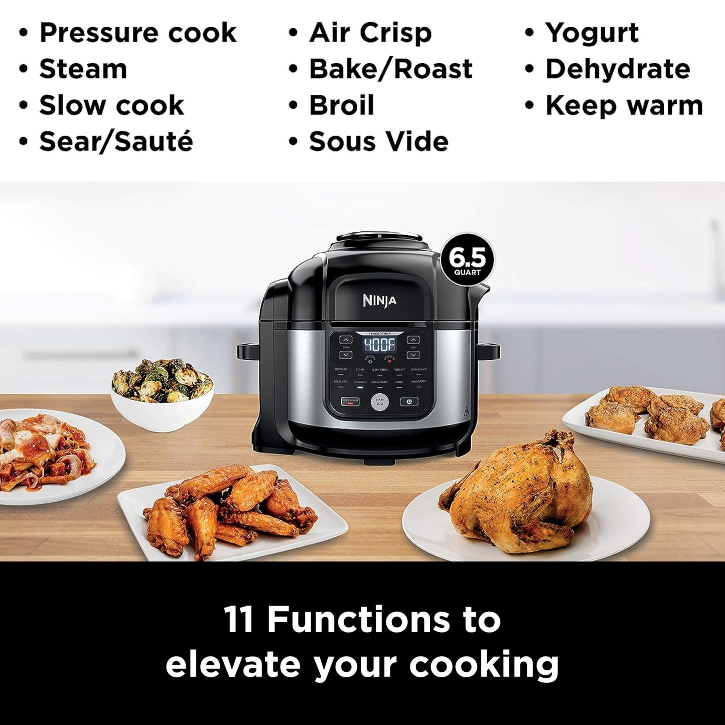 Ninja Foodi Air Fryer Pressure Cooker Combo 11-in-1 Pro 6.5 qt. Pressure Cooker & Air Fryer that Steams, Slow Cooks and More with 4.6 qt Crisper Plate, Broil Rack & Recipe Book, FD302, Silver/Black