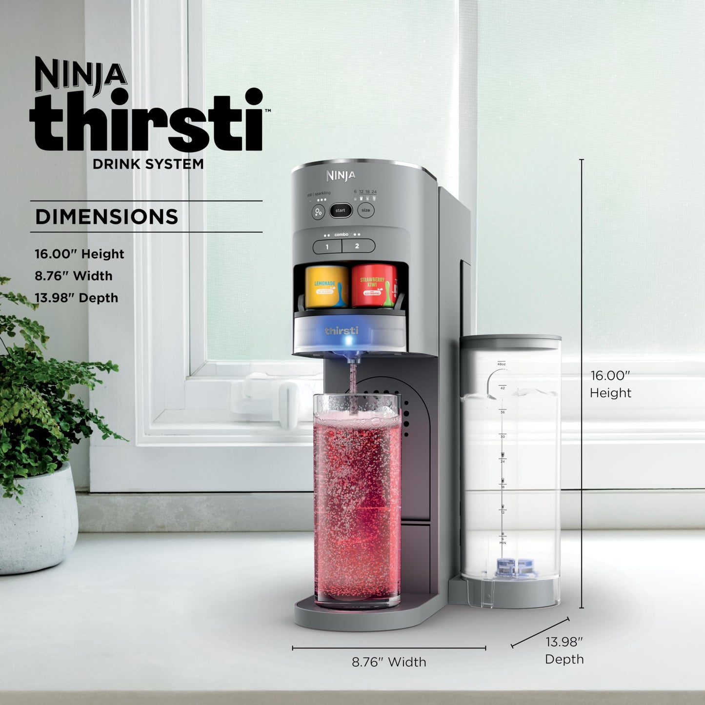 Ninja Thirsti Drink System, Soda Maker, Create Unique Sparkling & Still Drinks, Personalize Size & Flavor, Carbonated Water Machine, 60L CO2 Cylinder & Variety of Flavored Water Drops, Gray WC999AMZ