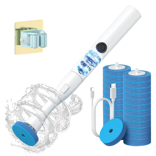 AIR U+ Electric Toilet Brush and Holder Set with 25 Disposable Refill Heads, Rechargeable & Wall-Mounted No Drilling Powerful Disposable Toilet Bowl Cleaner Wand