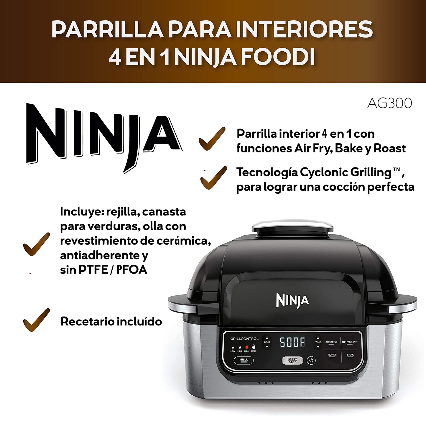 Ninja AG300 4-in-1 Indoor Grill with 4-Quart Air Fryer with Roast, Bake, and Cyclonic Grilling Technology