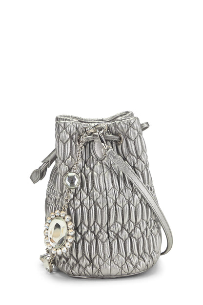 Miu Miu, Pre-Loved Silver Nappa Crystal Drawstring Bucket Bag, Silver