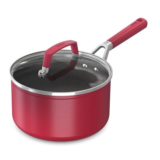 Ninja C20225 Foodi NeverStick Vivid 2.5-Quart Saucepan with Glass Lid, Nonstick, Durable & Oven Safe To 400°F, Cool-Touch Handles, Crimson Red