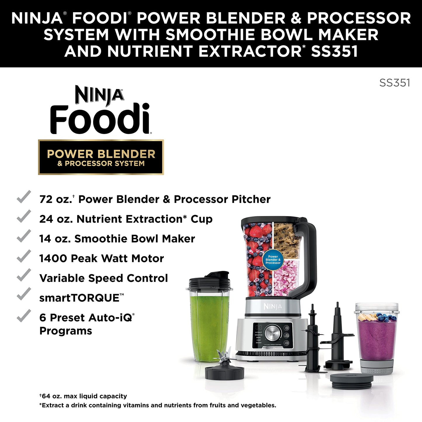 Ninja Foodi Power Blender & Processor System with Smoothie Bowl Maker and Nutrient Extractor, Black/Silver (SS351C) - Canadian Edition 72oz