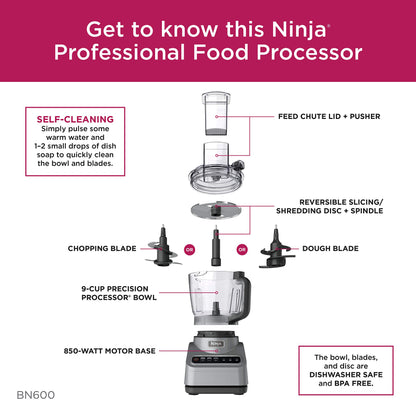 Ninja Professional Plus Chopper Food Processor 850-Watts With Auto-iQ Preset Programs Chop Puree Dough Slice Shred With a 9-Cup Capacity and a Silver Stainless Finish (BN600C) - Canadian Version