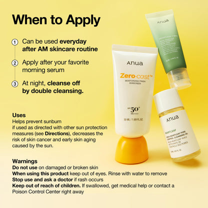 Anua Zero-Cast Moisturizing Finish Sunscreen,SPF 50, Glow Natural Sunscreen,No White cast, Hyaluronic Acid, Niacinamide sun block for face,Oil-Free, Oxybenzone free, Travel Essential (50ml/1.69fl.oz)