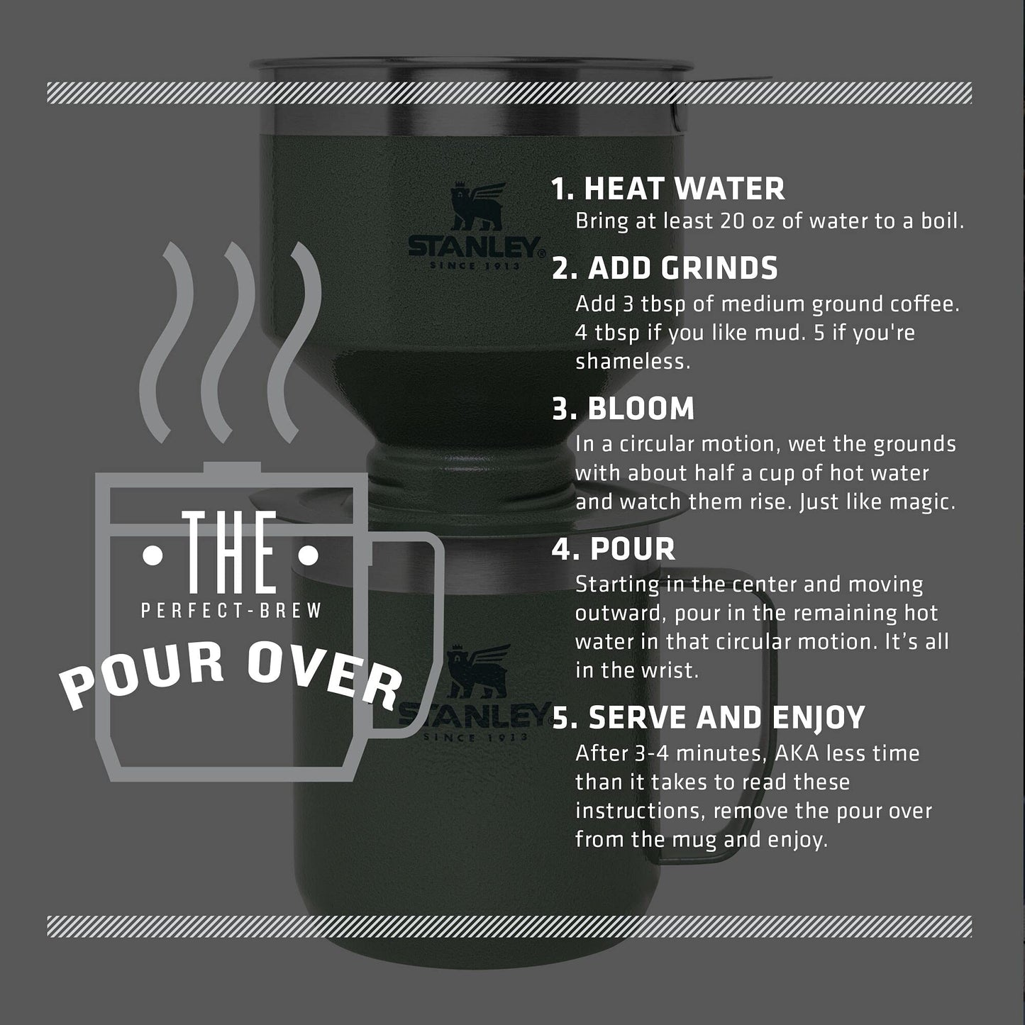 Stanley Perfect Brew Pour Over Set | 12 oz Camp Mug with Lid Included | Drip Coffee Maker with Reusable Filter | Insulated Stainless Steel | BPA-Free | Hammertone Green