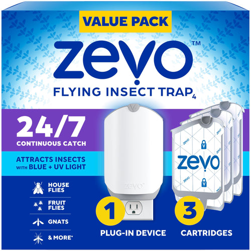 Zevo Flying Insect Trap & 3 Cartridges - Plug in Fly Trap & Indoor Bug Catcher for Gnats, House & Fruit Flies - Mess-Free - Use in Any Room - Uses Blue & UV Light (1 Plug in Device & 3 Cartridges)