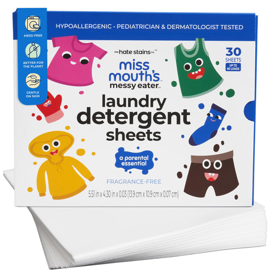 Miss Mouth's Messy Eater Laundry Detergent Sheets - Laundry Detergent, Hypoallergenic, Sensitive Skin Safe, Pediatrician and Dermatologist Tested, Fragrance Free, Travel Friendly