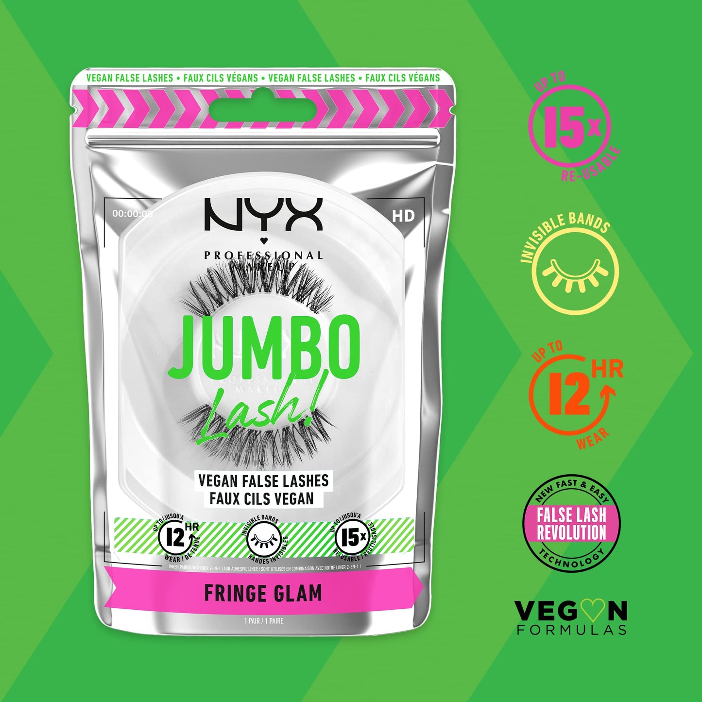 NYX PROFESSIONAL MAKEUP Jumbo Lash! Vegan False Eyelashes, Up to 12HR Wear, Reusable Fake Lashes - Fringe Glam