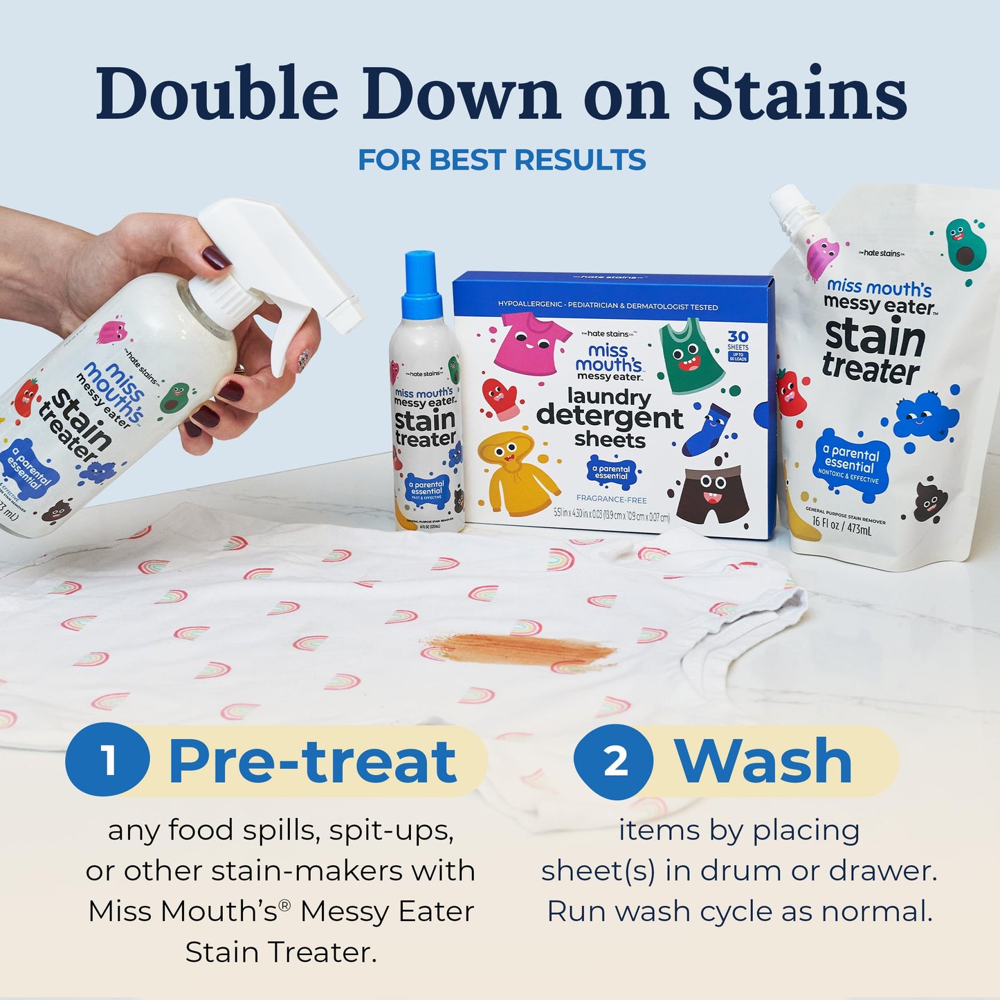 Miss Mouth's Messy Eater Stain Treater Spray - 4oz Stain Remover - 4oz Messy Stepper - Laundry Detergent Sheets