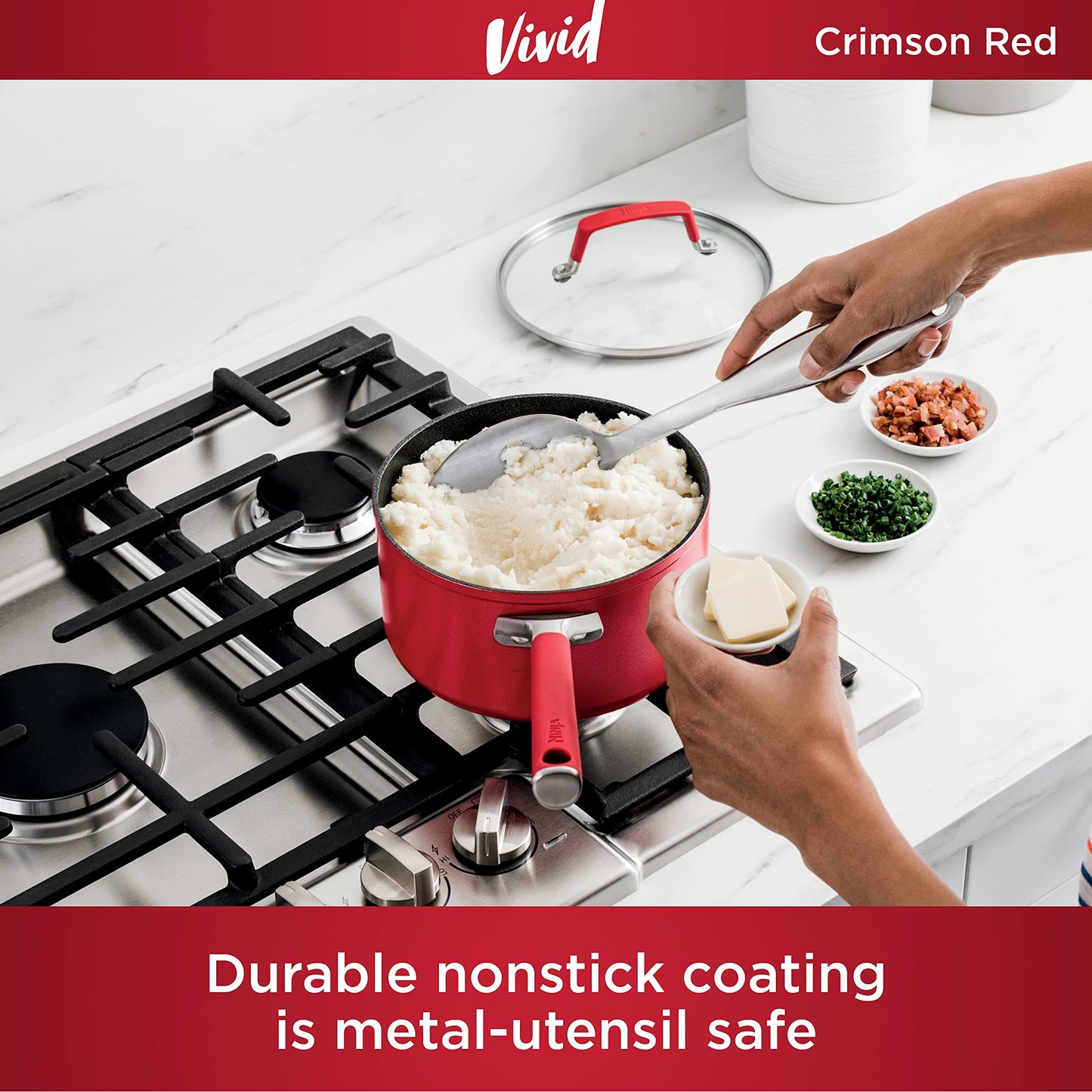 Ninja C20225 Foodi NeverStick Vivid 2.5-Quart Saucepan with Glass Lid, Nonstick, Durable & Oven Safe To 400°F, Cool-Touch Handles, Crimson Red