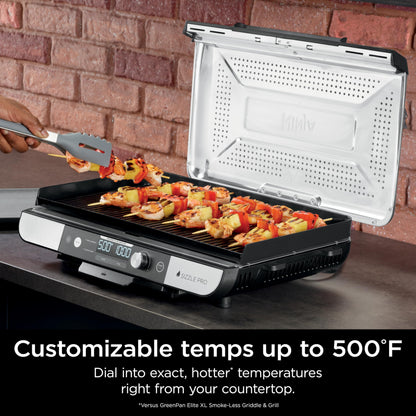 Ninja Sizzle Pro XL 20-Inch Indoor Griddle + Grill, Detachable Ventilated Lid, Grease Control, Ceramic Nonstick Plates, Even Edge-to-Edge Cooking, Extra Large Capacity, Versatile, Silver, GX101