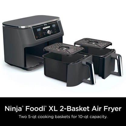 Ninja DZ401 Foodi 10 Quart 6-in-1 DualZone XL 2-Basket Air Fryer with 2 Independent Frying Baskets, Match Cook & Smart Finish to Roast, Broil, Dehydrate & More for Quick, Grey (Renewed)