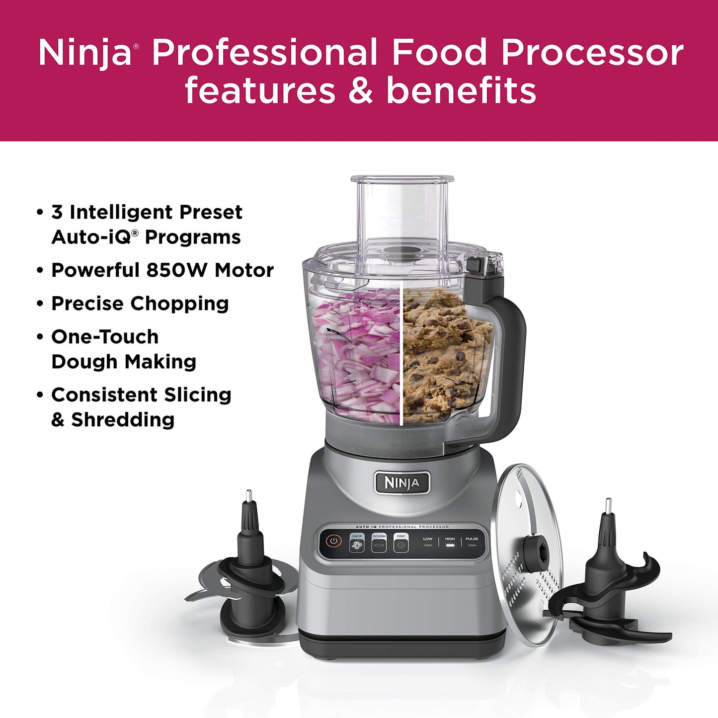 Ninja Professional Plus Chopper Food Processor 850-Watts With Auto-iQ Preset Programs Chop Puree Dough Slice Shred With a 9-Cup Capacity and a Silver Stainless Finish (BN600C) - Canadian Version