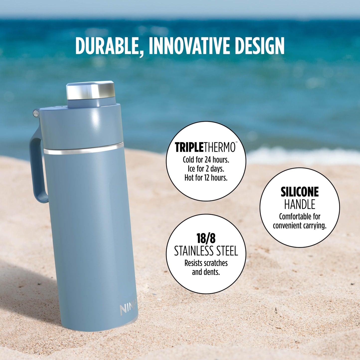 Ninja DW2401BL Thirsti 24oz Travel Water Bottle, For Carbonated Sparkling Drinks, Colder and Fizzier Longer, Leak Proof, 24 Hrs Cold, Dishwasher Safe, Stainless Steel Insulated Tumbler, Storm Blue