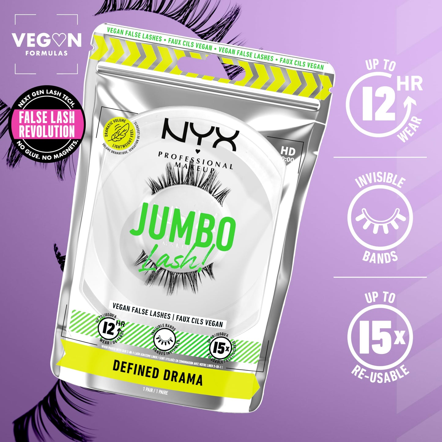 NYX PROFESSIONAL MAKEUP Jumbo Lash! Vegan False Eyelashes, Up to 12HR Wear, Reusable Fake Lashes - Defined Drama