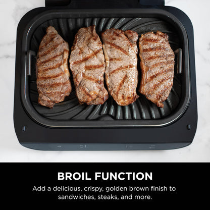 Ninja Indoor Grill, Foodi Smart XL 6-in-1 Indoor Grill with Air Fry, Roast, Bake, Broil & Dehydrate, Smart Thermometer, Black/Silver, FG551