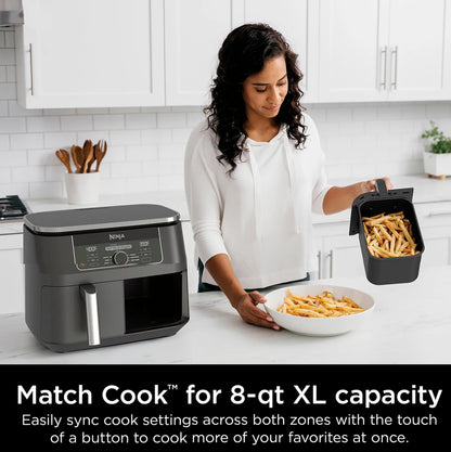 Ninja AD150 Foodi 8 Quart 6-in-1 DualZone 2-Basket Air Fryer with 2 Independent Frying Baskets, Match Cook & Smart Finish to Roast, Broil, Dehydrate & More for Quick, Easy Meals, Black (Renewed)