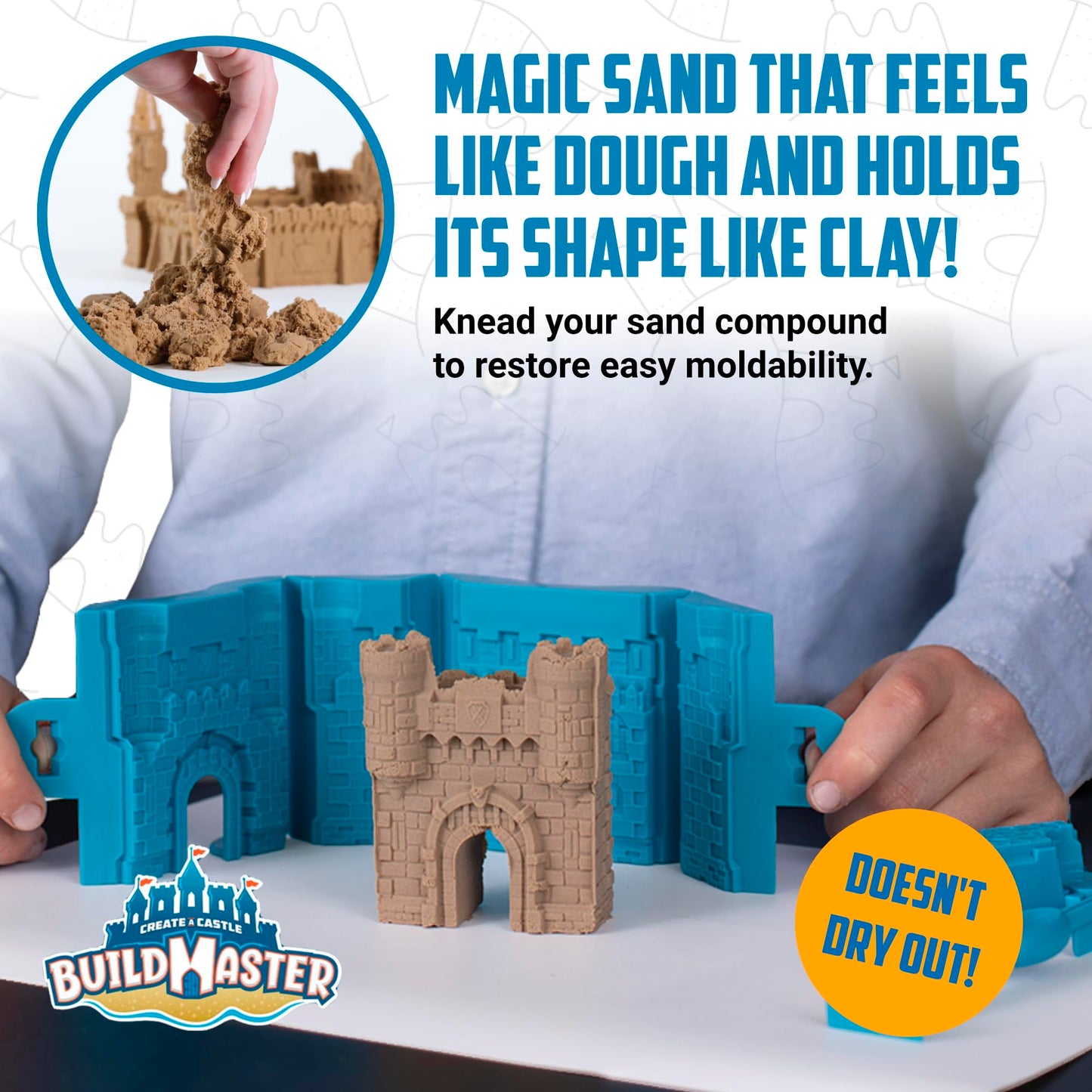 Create A Castle Indoor Sandcastle Play Sand Kit, 2.65 lbs Sensory Play Sand, BuildMaster Reusable Castle Magic Sand Toy Set for Kids, 25 Pieces and Playmat, for Kids 6+