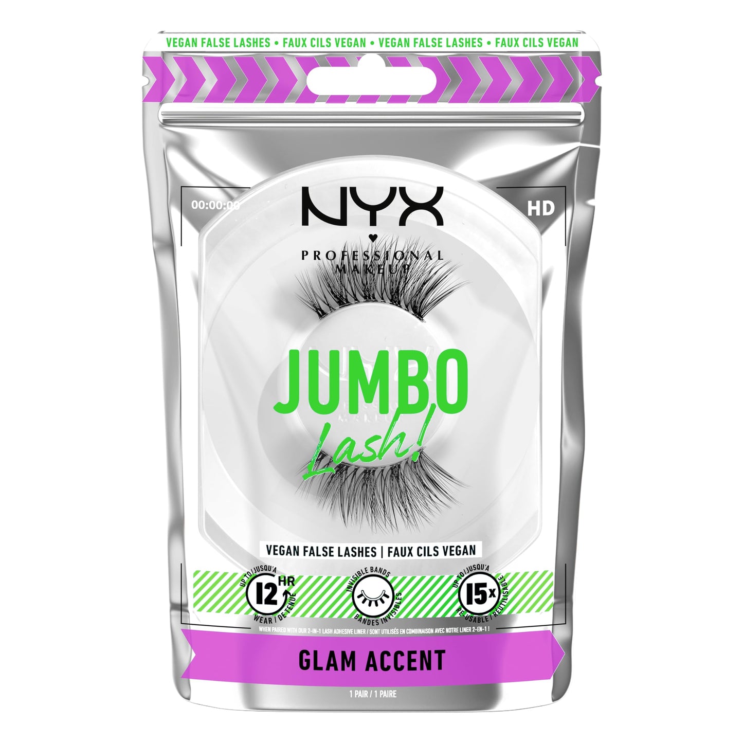 NYX PROFESSIONAL MAKEUP Jumbo Lash! Vegan False Eyelashes, Up to 12HR Wear, Reusable Fake Lashes - Glam Accent