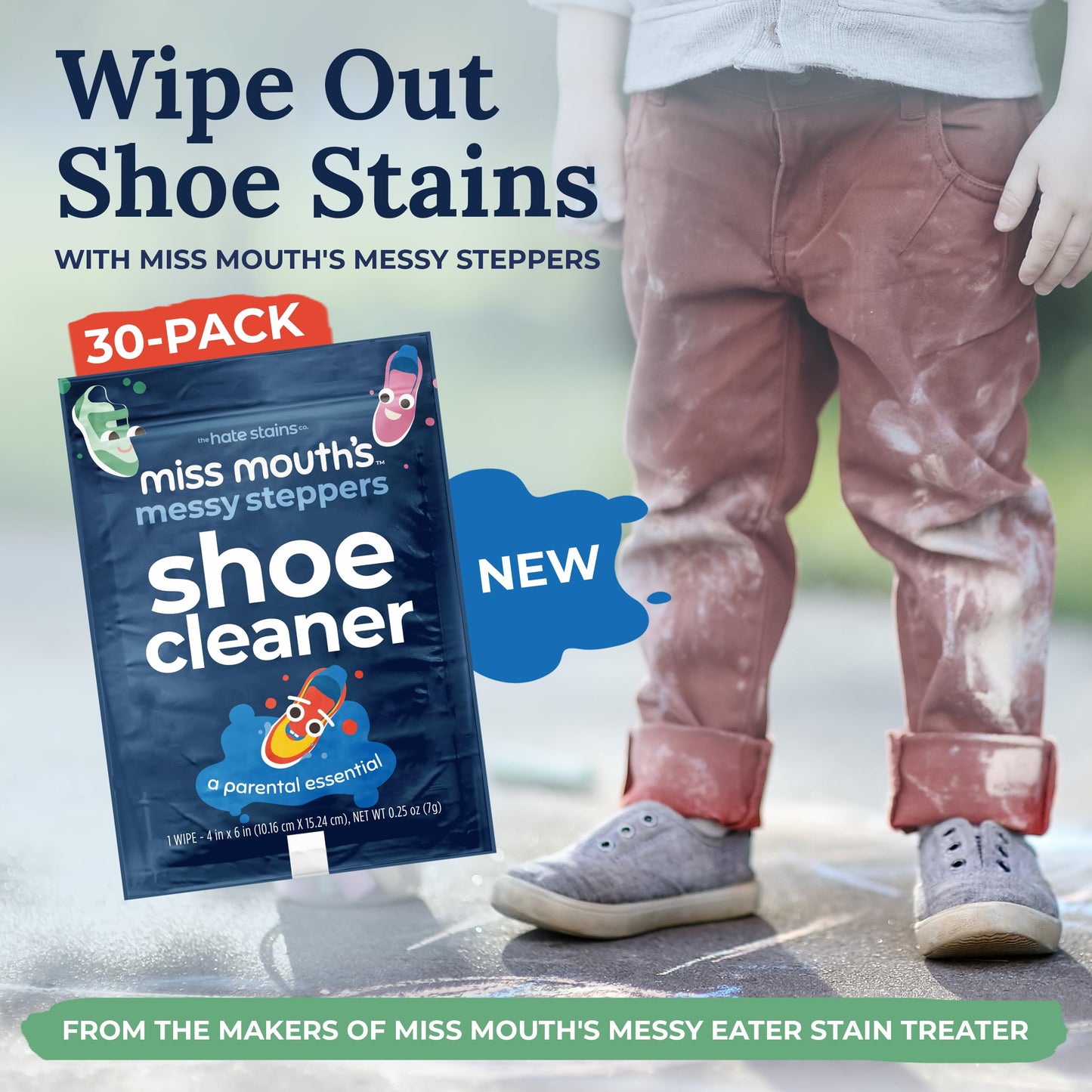 Miss Mouth's Messy Steppers Shoe Cleaner - 30 Wipes Ready To Use Sneaker Cleaner for Rubber, Canvas, Leather to Remove Dirt, Grass, Scuffs from makers of Miss Mouth's Messy Eater Stain Treater