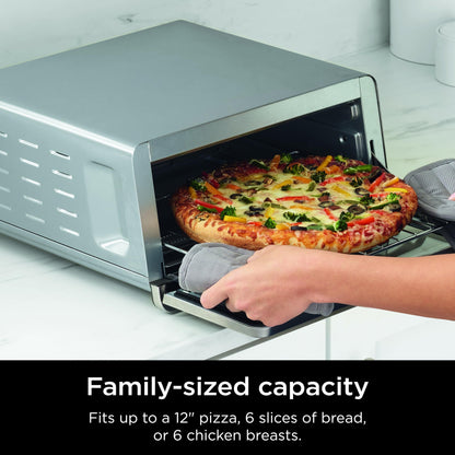 Ninja Flip Toaster Oven & Air Fryer, 8-in-1 Functionality, Flip Up for Storage Space, Large Capacity, Air Fry Basket, Wire Rack, Sheet Pan, Removable Crumb Tray, Stainless, 1800 Watts, SP151 (Renewed)