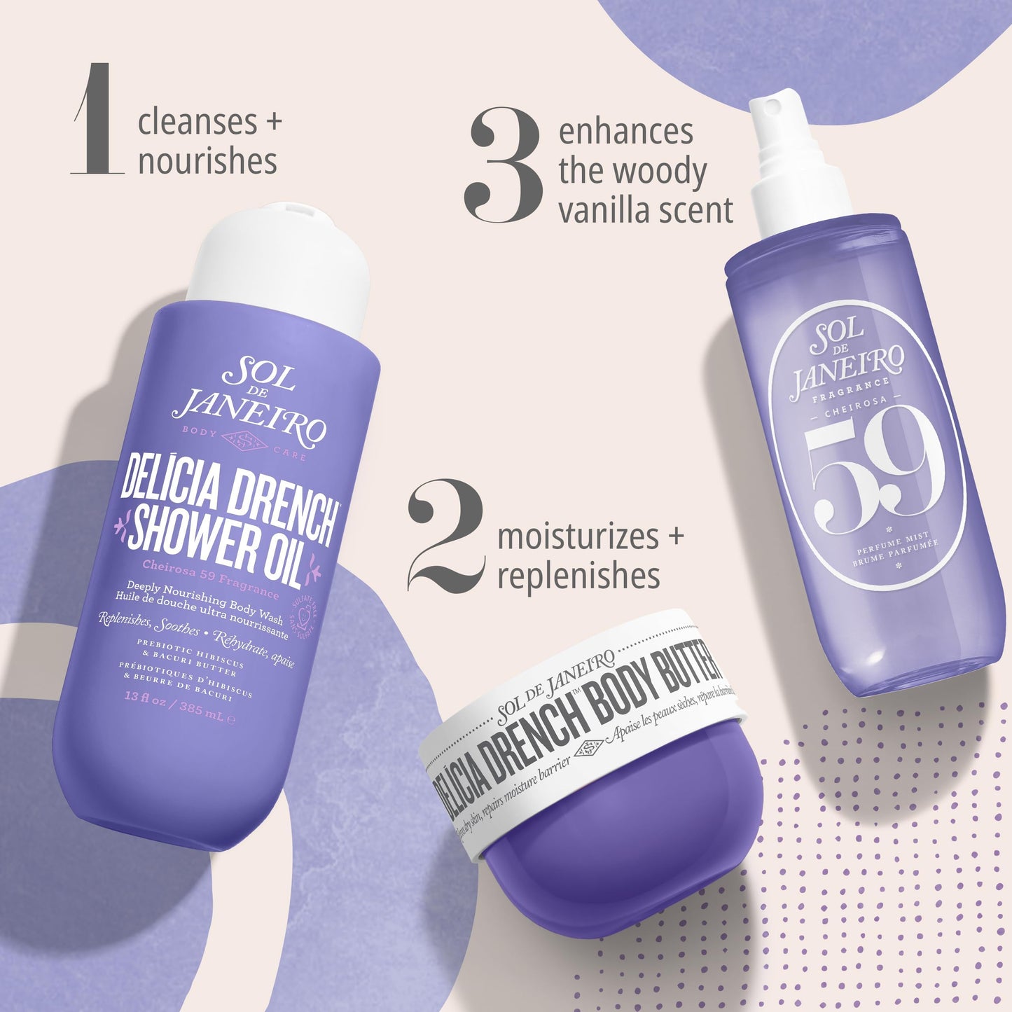 Sol de Janeiro Deeply Moisturizing Trio - Delicia Drench Shower Oil, Delicia Drench Body Butter, & Cheirosa 59 Perfume Mist, Amazon Exclusive