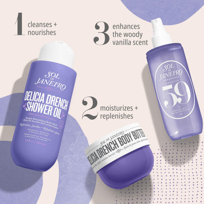 Sol de Janeiro Deeply Moisturizing Trio - Delicia Drench Shower Oil, Delicia Drench Body Butter, & Cheirosa 59 Perfume Mist, Amazon Exclusive