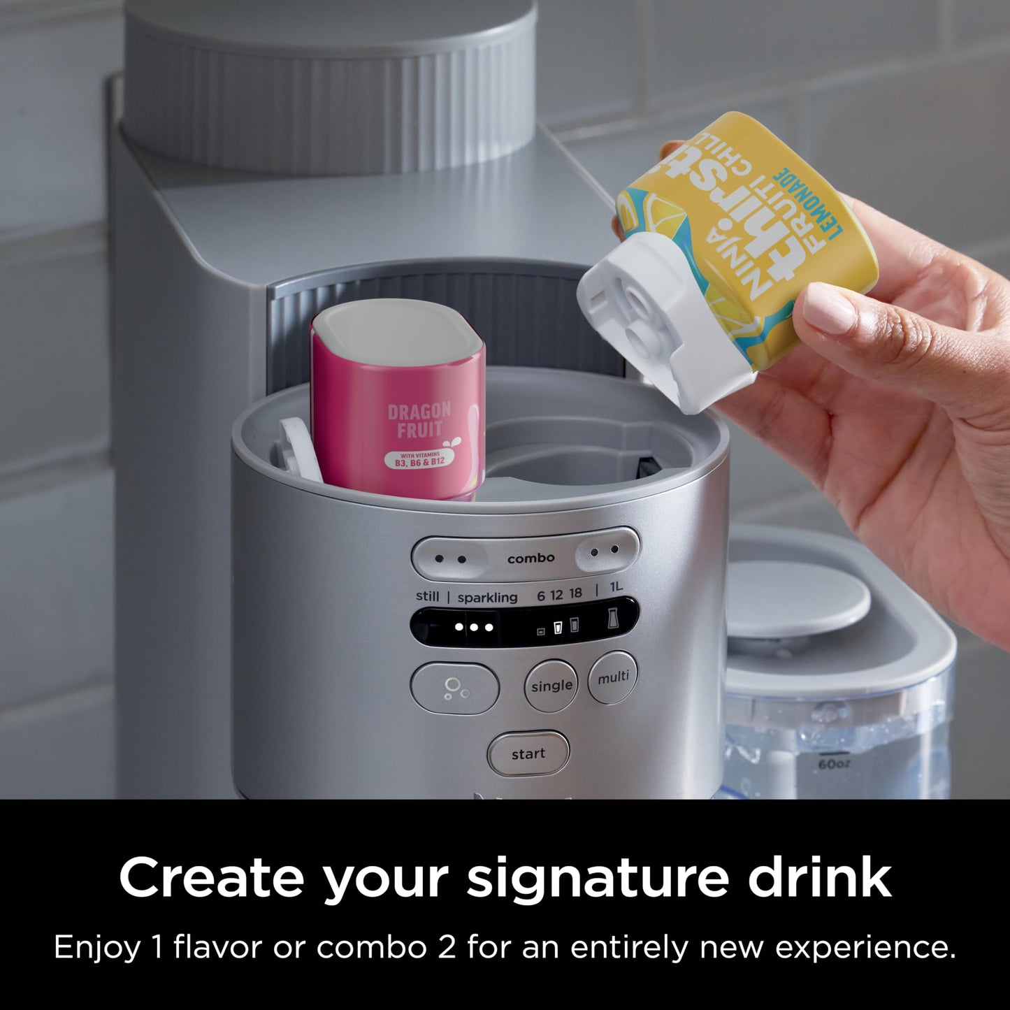 Ninja Thirsti Max Custom Hydration System, Soda Maker, Sparkling Water Maker, Custom Still & Sparkling Drinks, Compact Design, With 60L CO₂ Cylinder & Flavored Water Drops, Silver WC2002