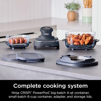 Ninja Crispi Air Fryer, Microwave, Freezer & Dishwasher Safe, Non Toxic Glass Portable Cooking System, 4 QT & 6 Cup Glass Containers with Storage Lids, Easy Meals, Air Fry, Bake, & More Grey, FN101GY (Renewed)