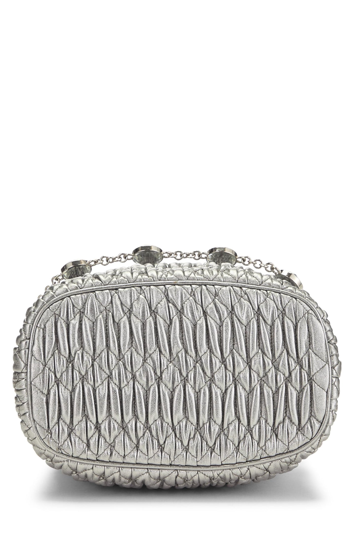 Miu Miu, Pre-Loved Silver Nappa Crystal Drawstring Bucket Bag, Silver