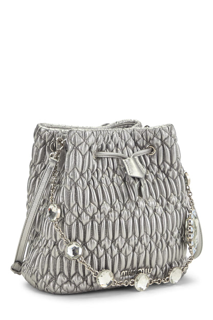 Miu Miu, Pre-Loved Silver Nappa Crystal Drawstring Bucket Bag, Silver