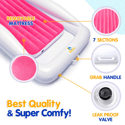 Sleepah Inflatable Toddler Travel Bed Portable Kids Air Mattress Set w Safety Rail Guards for Kids & Toddlers – Includes Pump, Carry Case, Pillow & More - Perfect Transitional Cot Coral