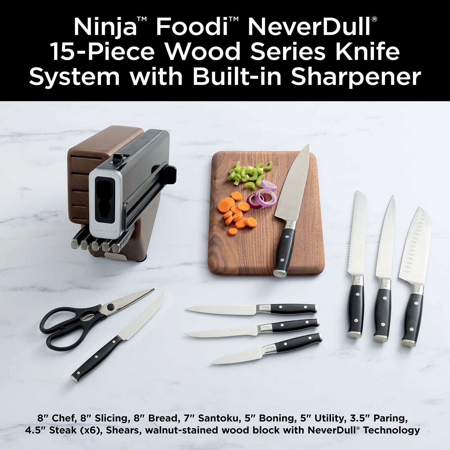 Ninja K52015 Foodi NeverDull 15 Piece Premium Knife System, Wood Series Block, German Stainless Steel & C39600 Foodi NeverStick Premium Hard-Anodized 13-Piece Cookware Set, Grey