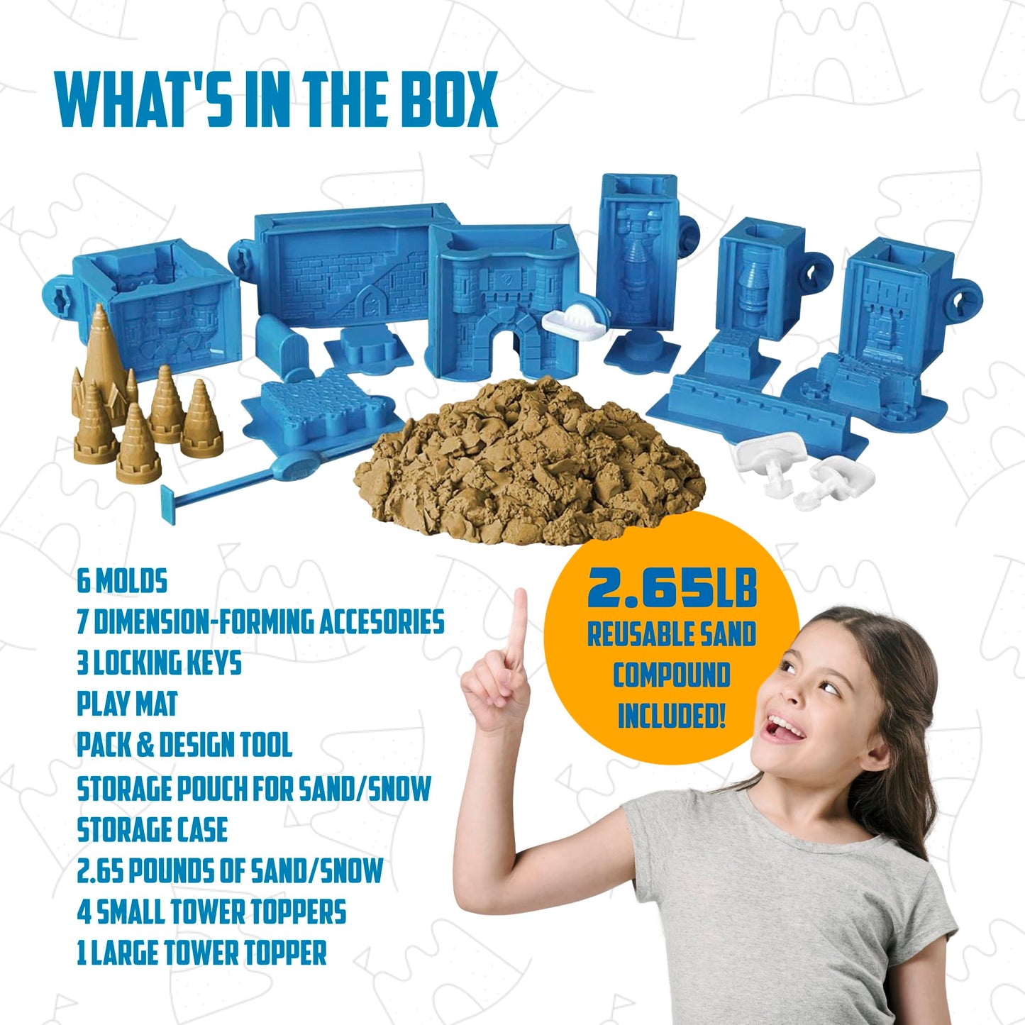 Create A Castle Indoor Sandcastle Play Sand Kit, 2.65 lbs Sensory Play Sand, BuildMaster Reusable Castle Magic Sand Toy Set for Kids, 25 Pieces and Playmat, for Kids 6+