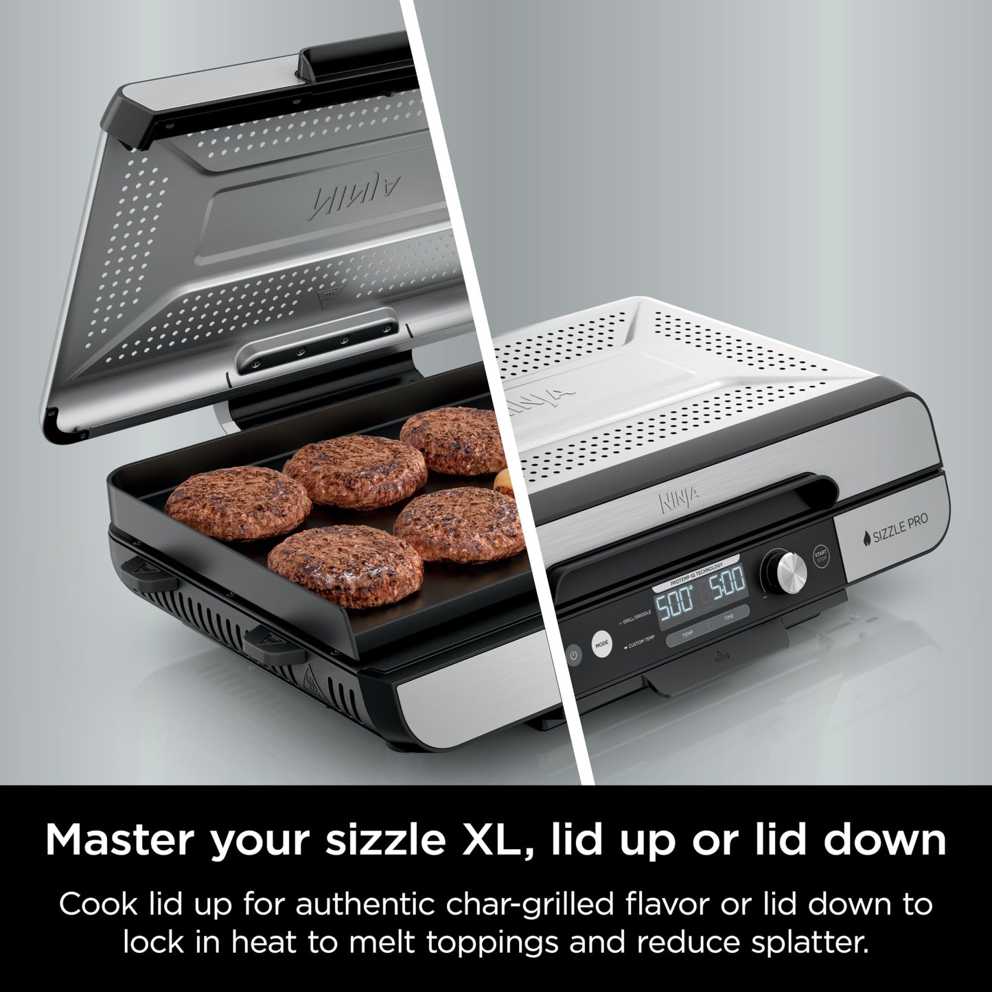 Ninja Sizzle Pro XL 20-Inch Indoor Griddle + Grill, Detachable Ventilated Lid, Grease Control, Ceramic Nonstick Plates, Even Edge-to-Edge Cooking, Extra Large Capacity, Versatile, Silver, GX101