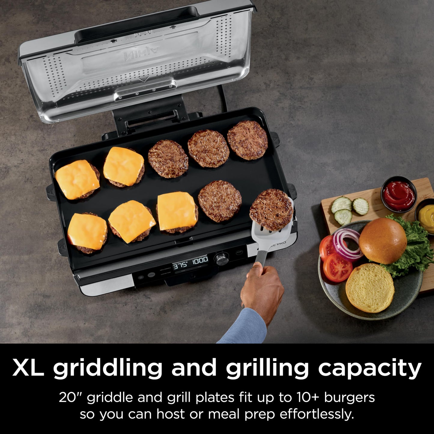 Ninja Sizzle Pro XL 20-Inch Indoor Griddle + Grill, Detachable Ventilated Lid, Grease Control, Ceramic Nonstick Plates, Even Edge-to-Edge Cooking, Extra Large Capacity, Versatile, Silver, GX101