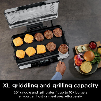 Ninja Sizzle Pro XL 20-Inch Indoor Griddle + Grill, Detachable Ventilated Lid, Grease Control, Ceramic Nonstick Plates, Even Edge-to-Edge Cooking, Extra Large Capacity, Versatile, Silver, GX101