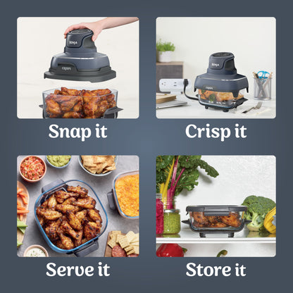 Ninja Crispi Air Fryer, Microwave, Freezer & Dishwasher Safe, Non Toxic Glass Portable Cooking System, 4 QT & 6 Cup Glass Containers with Storage Lids, Easy Meals, Air Fry, Bake, & More Grey, FN101GY (Renewed)