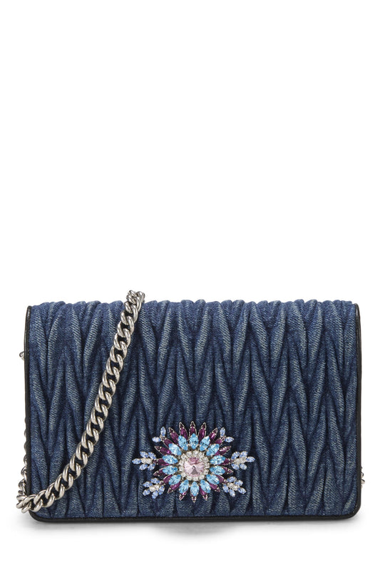 Miu Miu, Pre-Loved Blue Denim Crystal Embellished Wallet On Chain (WOC), Blue