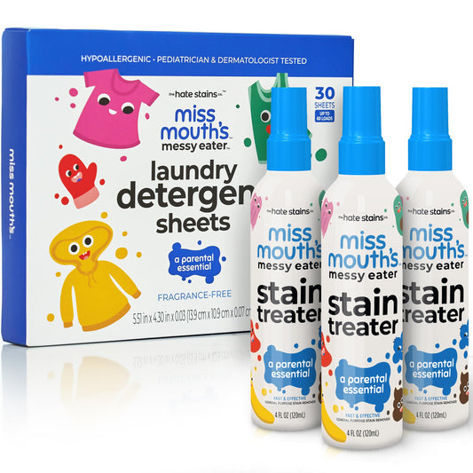 Miss Mouth's Messy Eater Stain Treater Spray - 4oz 3 Pack Stain Remover and Laundry Detergent Sheets 30 Pack