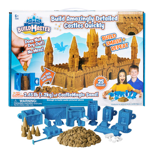 Create A Castle Indoor Sandcastle Play Sand Kit, 2.65 lbs Sensory Play Sand, BuildMaster Reusable Castle Magic Sand Toy Set for Kids, 25 Pieces and Playmat, for Kids 6+