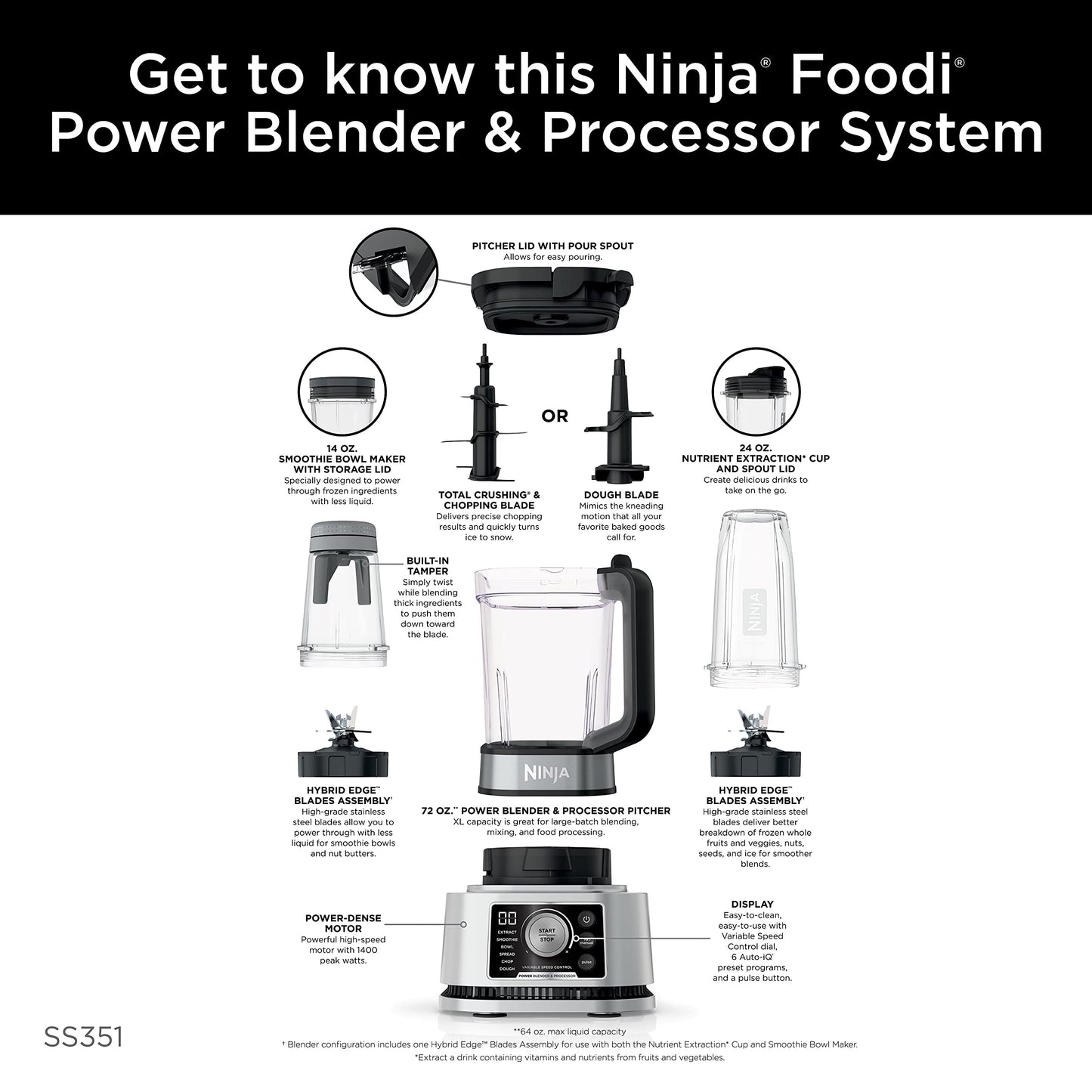 Ninja Foodi Power Blender & Processor System with Smoothie Bowl Maker and Nutrient Extractor, Black/Silver (SS351C) - Canadian Edition 72oz